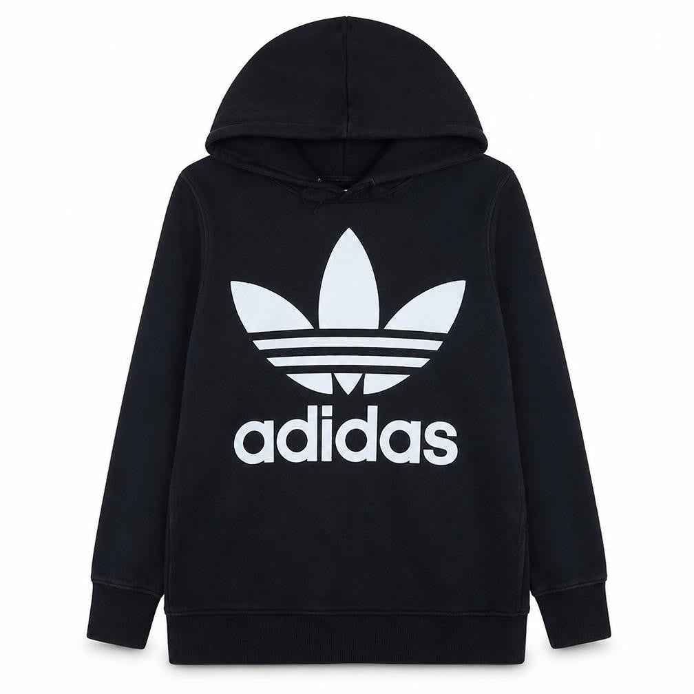Adidas Women Black Trefoil Hoodie Size 14 Pullover Cotton Sweatshirt