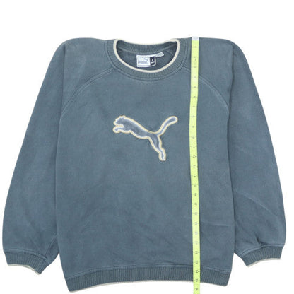 Close-up detail of Puma Men’s Blue Pullover Sweatshirt Small Crew Neck Sports Fleece