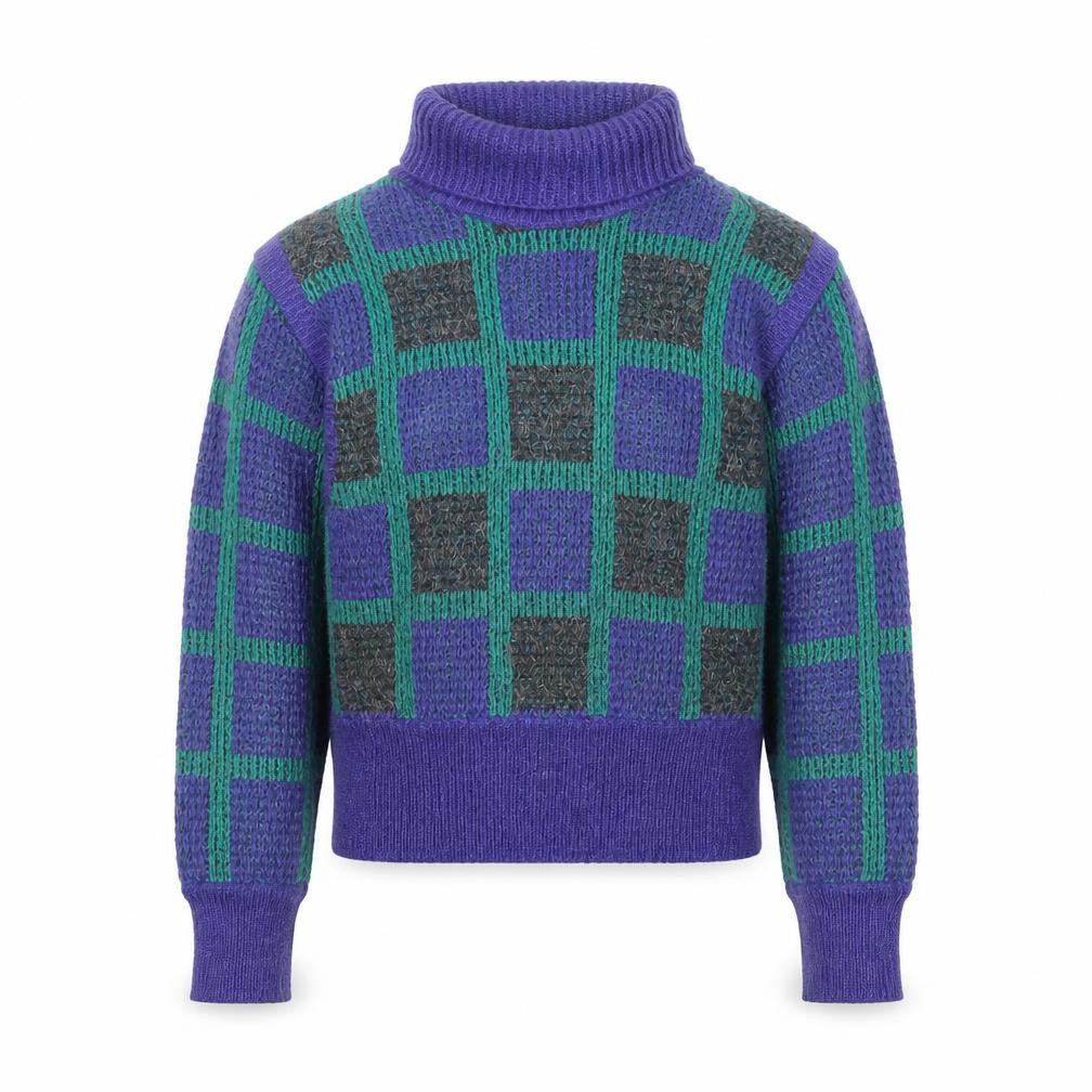 Umberto Vallati Men's Blue Check Mohair Wool Roll Neck Jumper L
