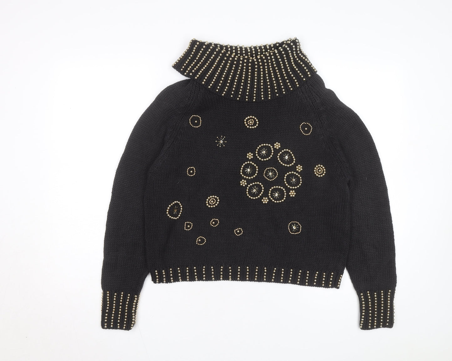 Donagain Women’s Black Beaded Roll Neck Chunky Knit Jumper Size M