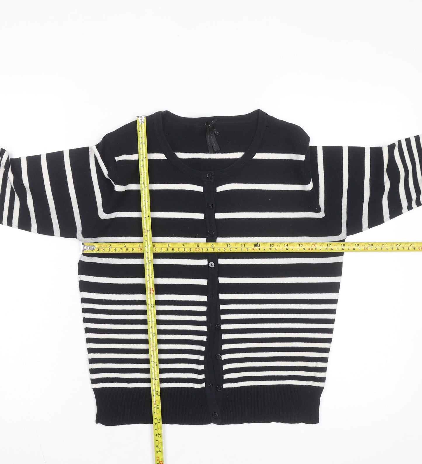 Atmosphere Women’s Black White Striped Crew Neck Cardigan Size 14