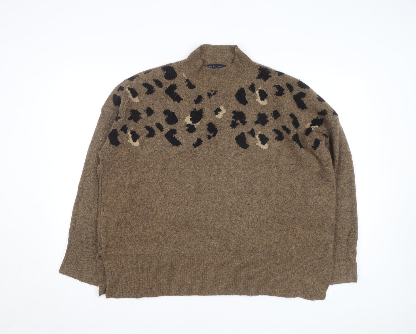 Marks and Spencer Women Brown Leopard Print Wool Blend Mock Neck Jumper XL