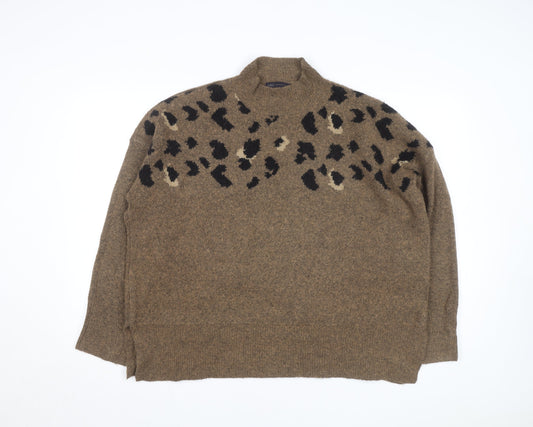 Marks and Spencer Women Brown Leopard Print Wool Blend Mock Neck Jumper XL