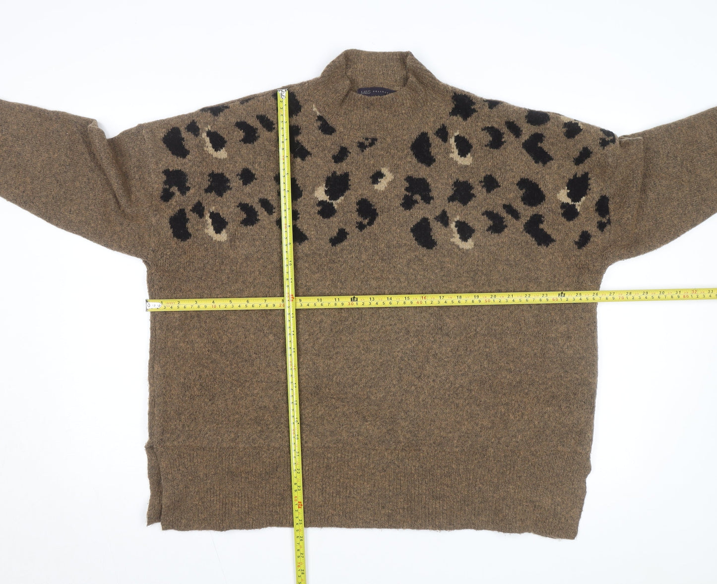 Marks and Spencer Women Brown Leopard Print Wool Blend Mock Neck Jumper XL