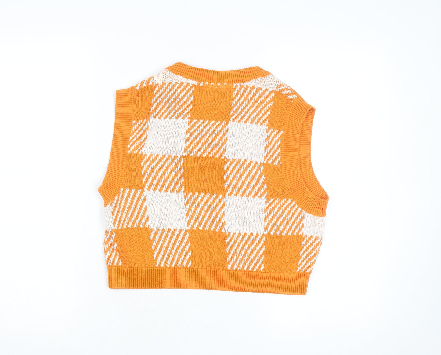 Noisy May Women's Orange Check Knit Sleeveless V-Neck Vest Size S
