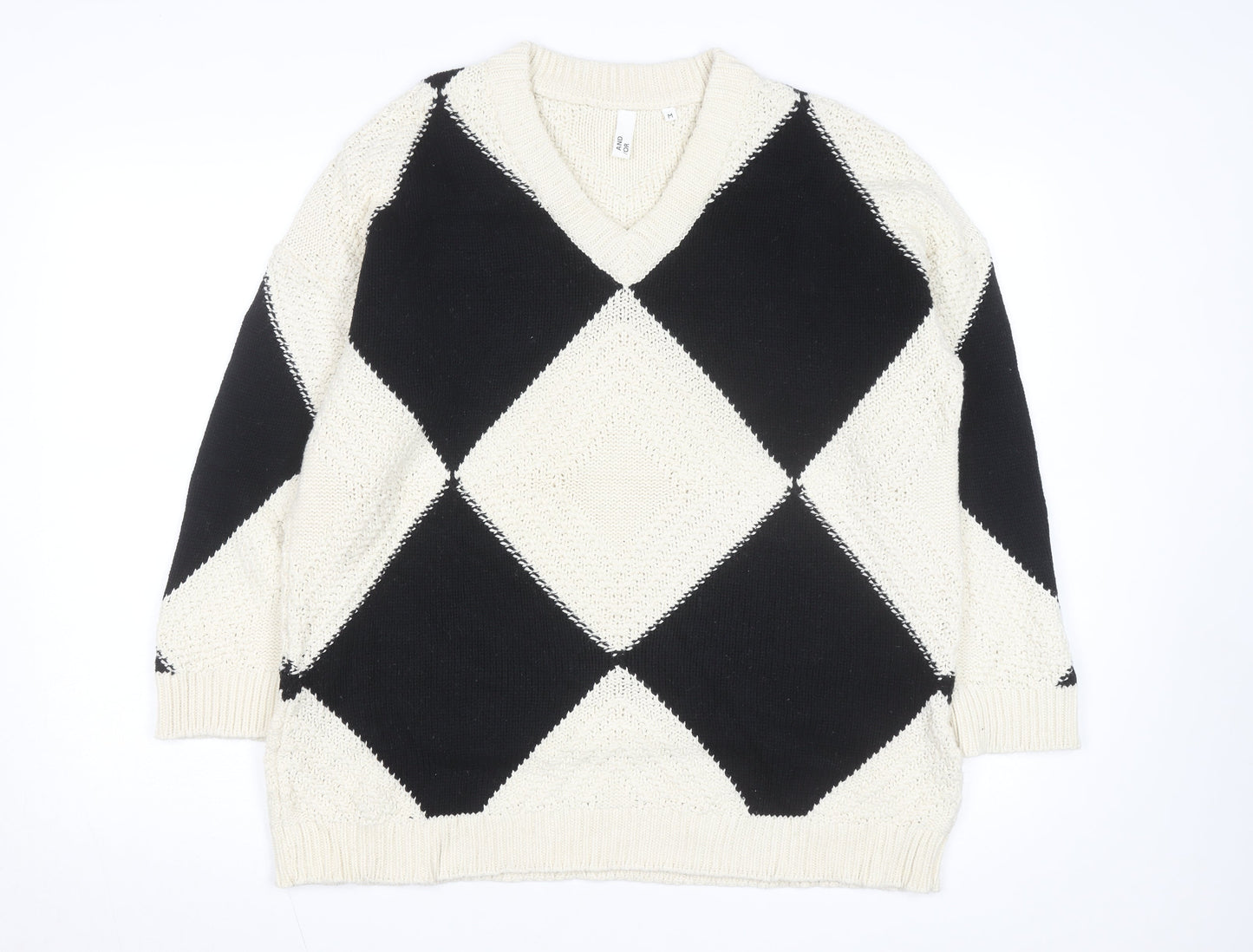 AND/OR Women's Black & Cream Argyle V-Neck Knit Jumper Size M