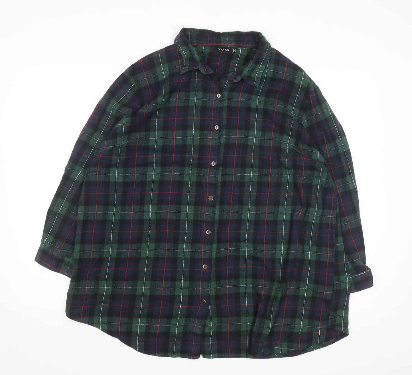 Boohoo Womens Green Check Flannel Button-Up Shirt Size 14
