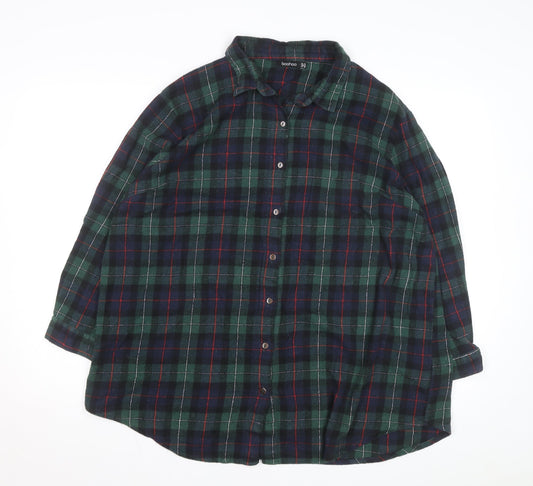 Boohoo Womens Green Check Flannel Button-Up Shirt Size 14