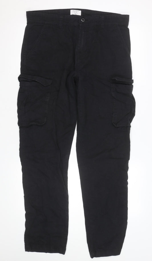 Easy Mens Black Slim Fit Cargo Trousers 34L Cotton Casual