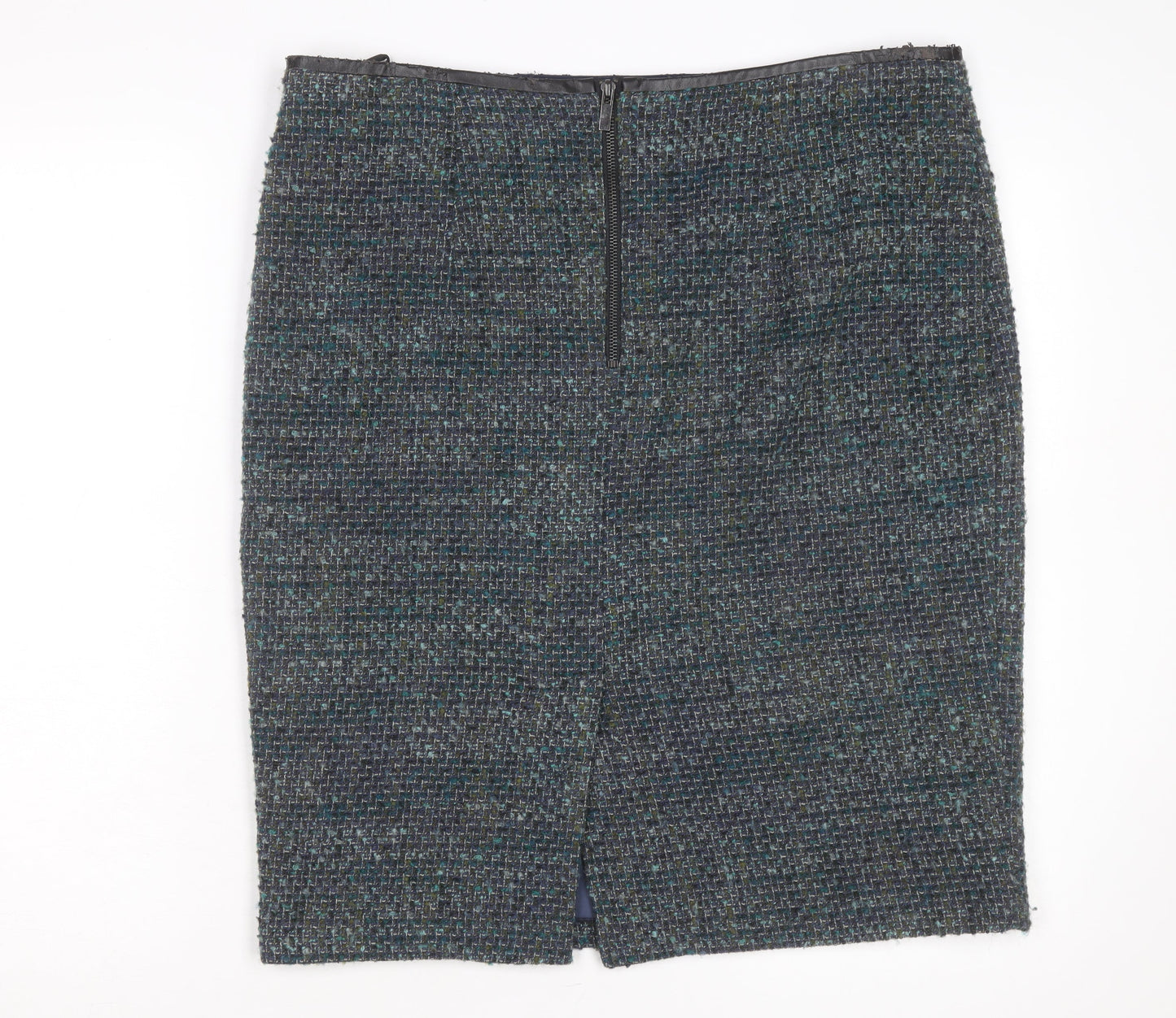 Marks and Spencer Women Blue Tweed Knee Length Wool Blend Pencil Skirt Size 16
