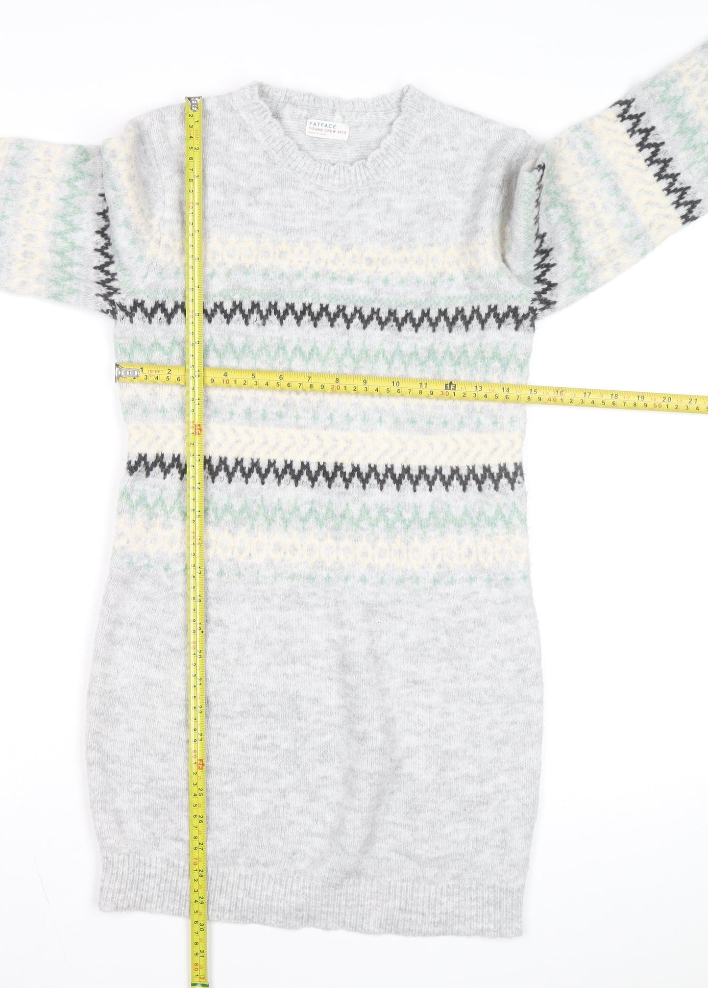 FatFace Girls Grey Fair Isle Long Sleeve Knit Sweater Dress 10-11 Years