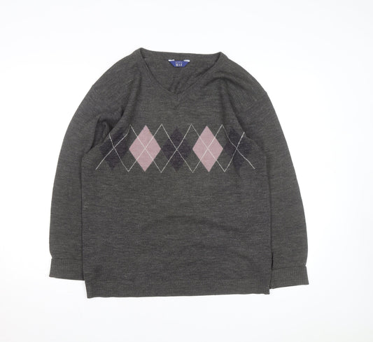 Premier Man Men's Grey Argyle V-Neck Wool Blend Jumper Size S