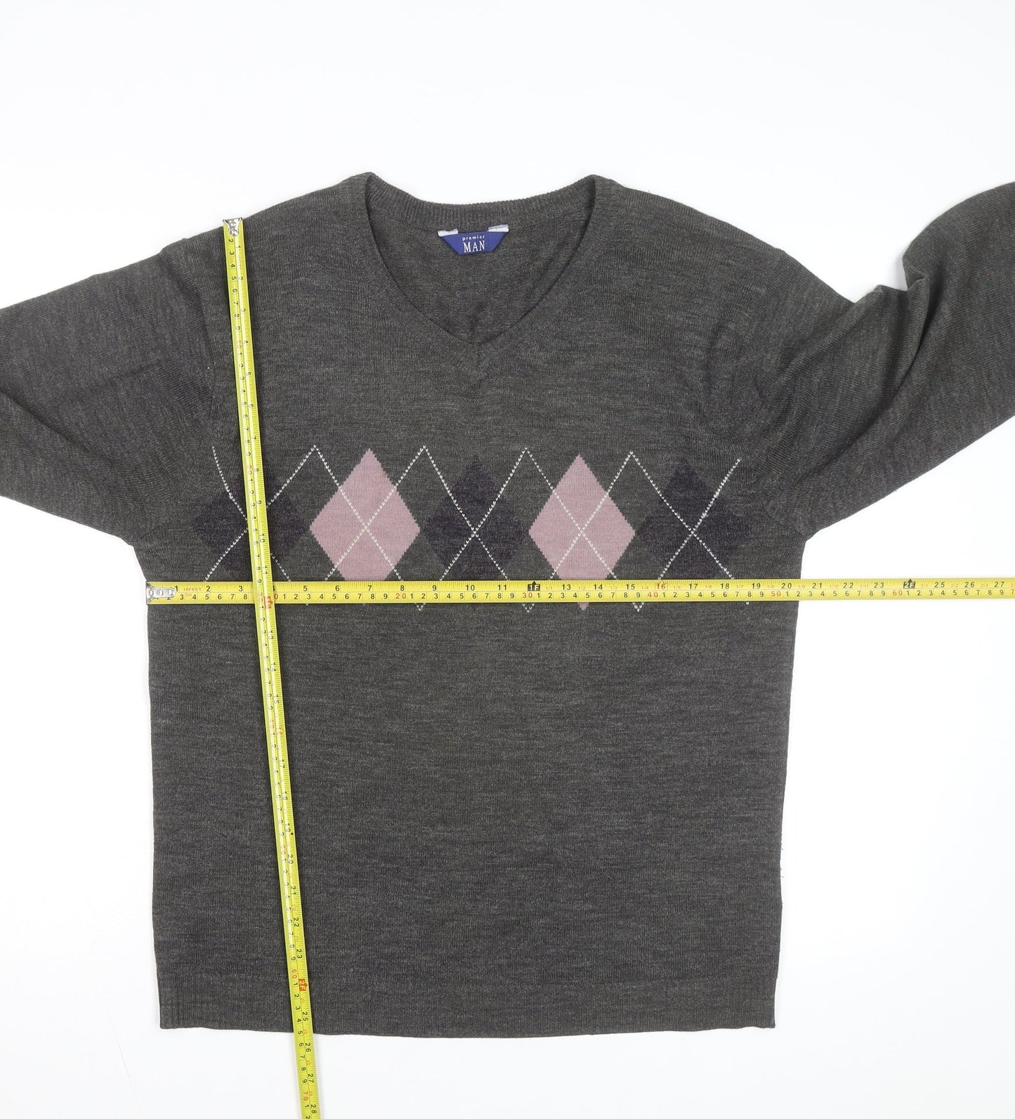Premier Man Men's Grey Argyle V-Neck Wool Blend Jumper Size S