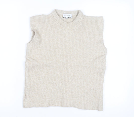 Aligne Women’s Beige Wool Blend Mock Neck Sleeveless Vest Jumper Size S