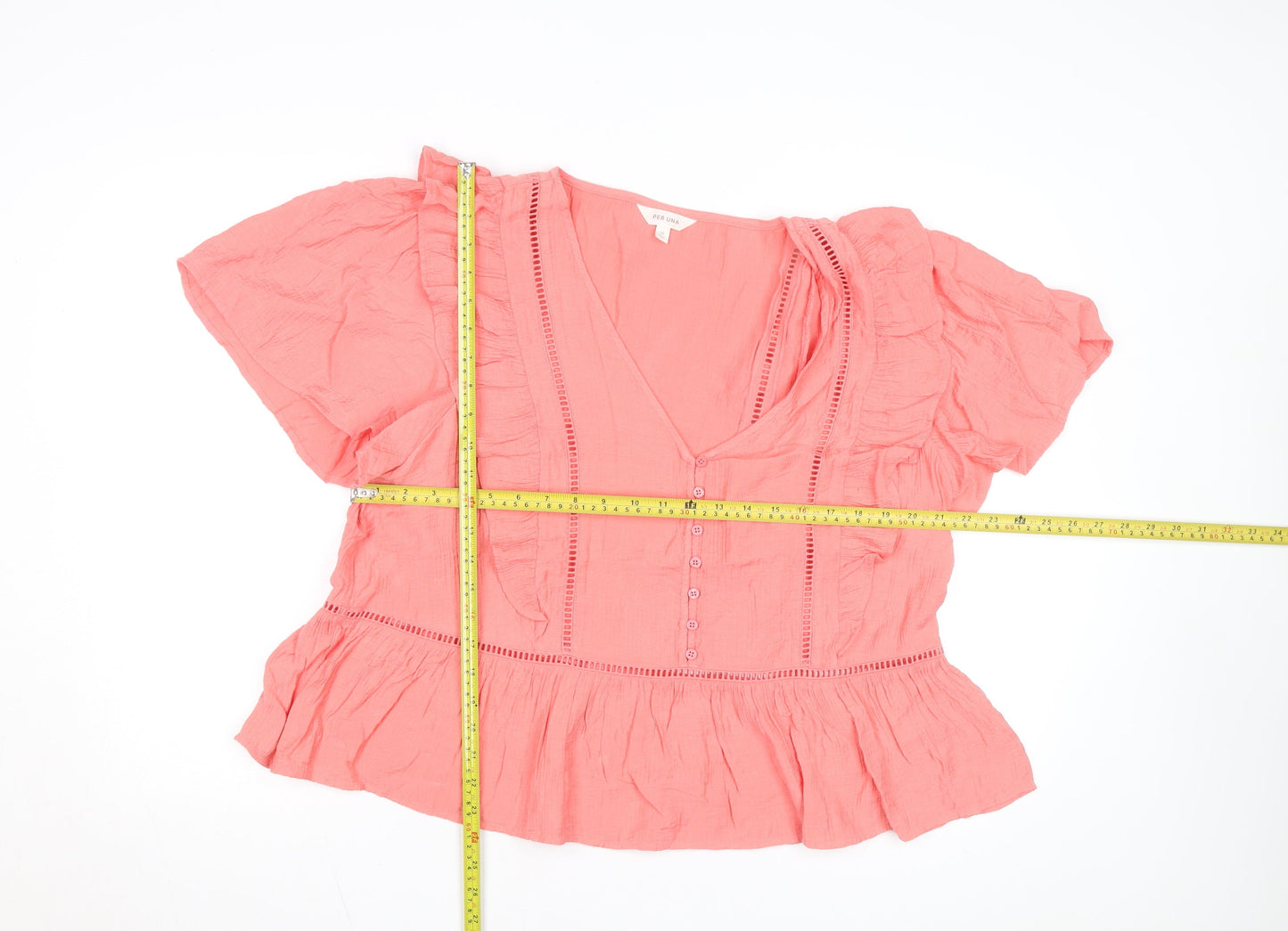 Marks and Spencer Per Una Pink Ruffle V-Neck Cotton Blouse Size 16
