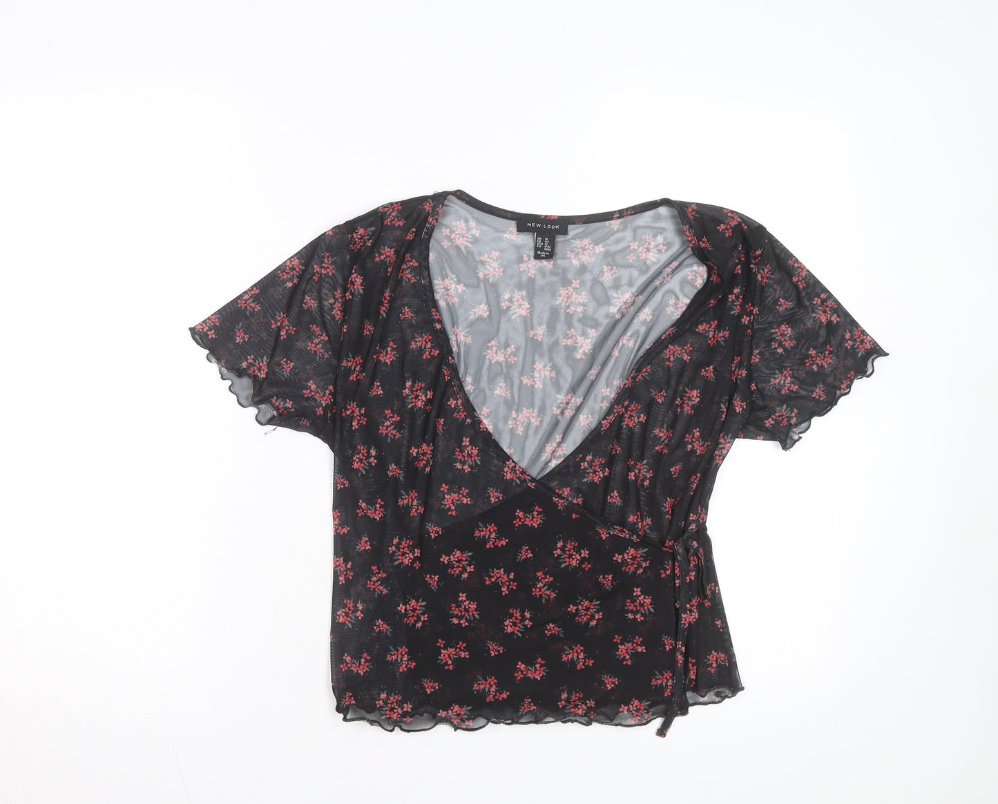 New Look Women's Black Floral Mesh Wrap Blouse Size 14