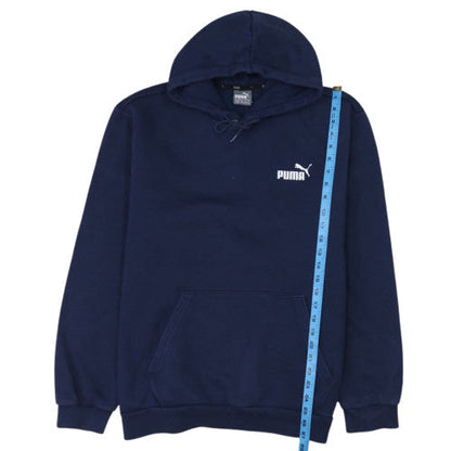Close-up detail of Puma Men's Navy Blue Pullover Hoodie, size M, Logo Design