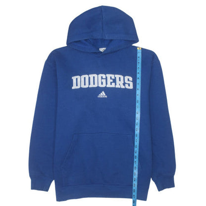 Close-up detail of Adidas Men's Blue Pullover Hoodie M Dodgers Fleece Sweatshirt