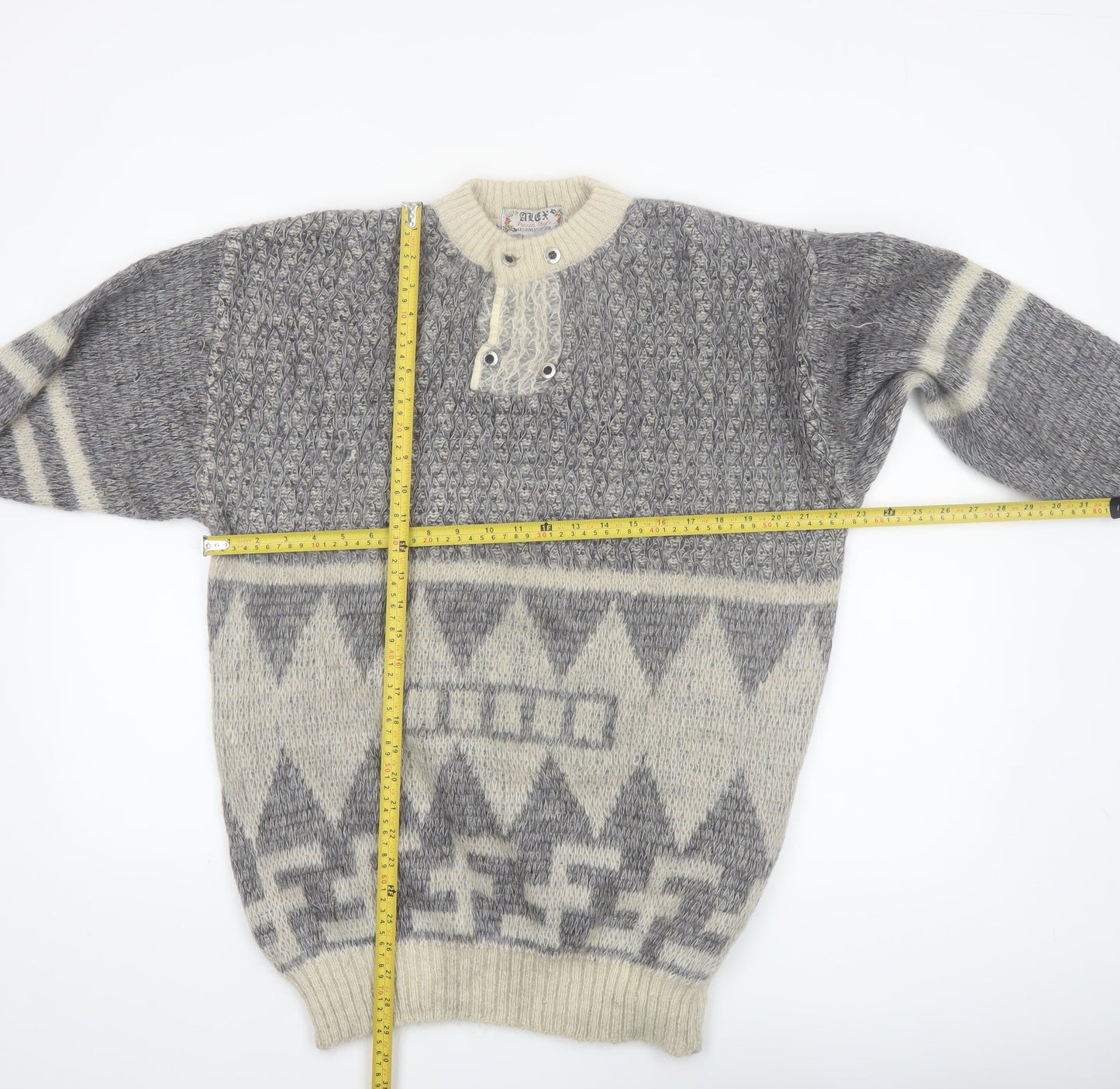Alex Men’s Grey Mohair Blend Chunky Henley Jumper Size L