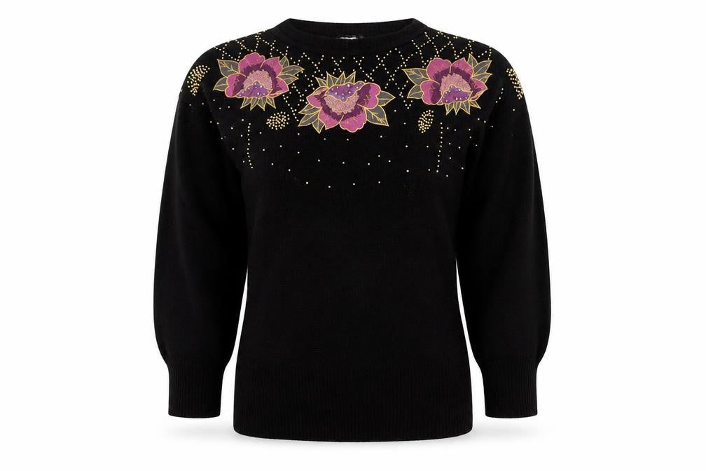 Ina Sinclair Womens Black S Pullover Floral Beaded Silk Angora Jumper