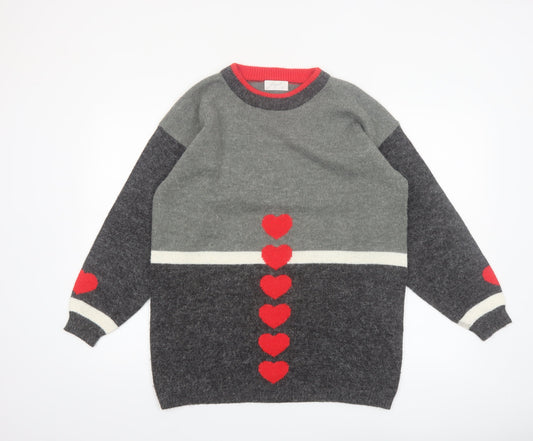 Borgelt Women's Grey Red Heart Knit Crew Neck Jumper Size S
