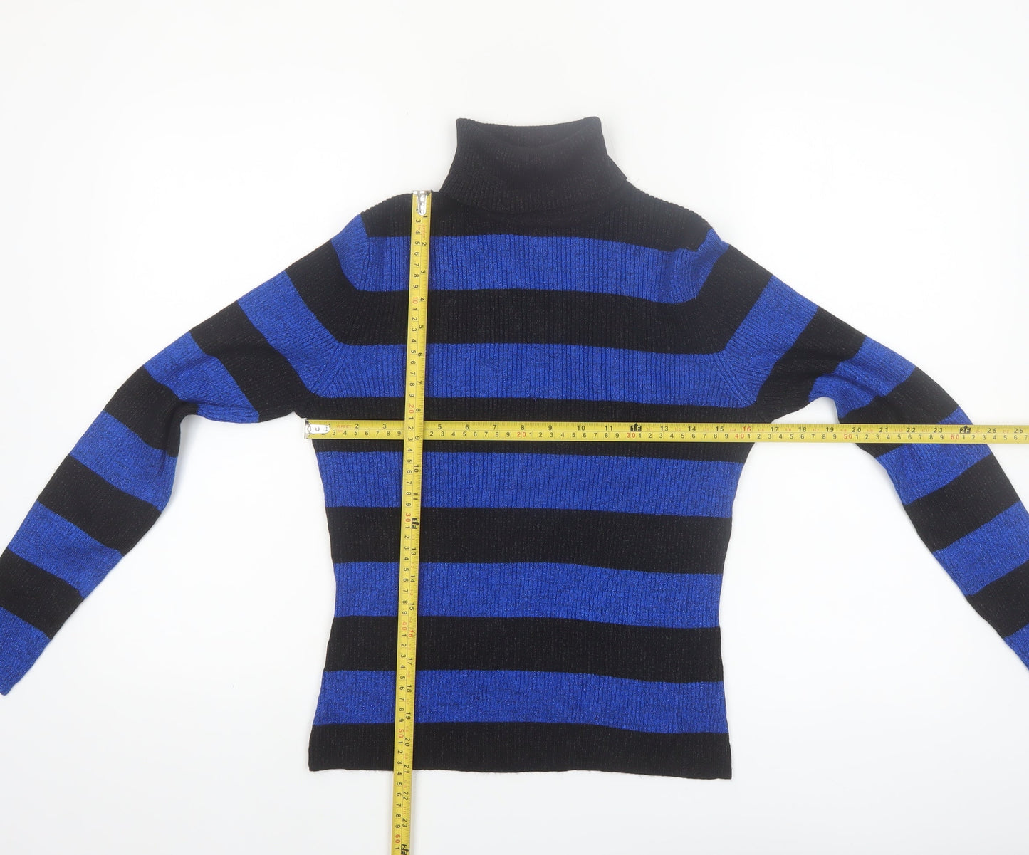 Worthington Women Black Blue Stripe Roll Neck Jumper Small Rayon Blend