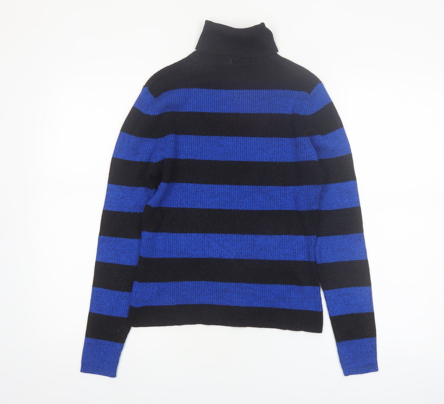 Worthington Women Black Blue Stripe Roll Neck Jumper Small Rayon Blend