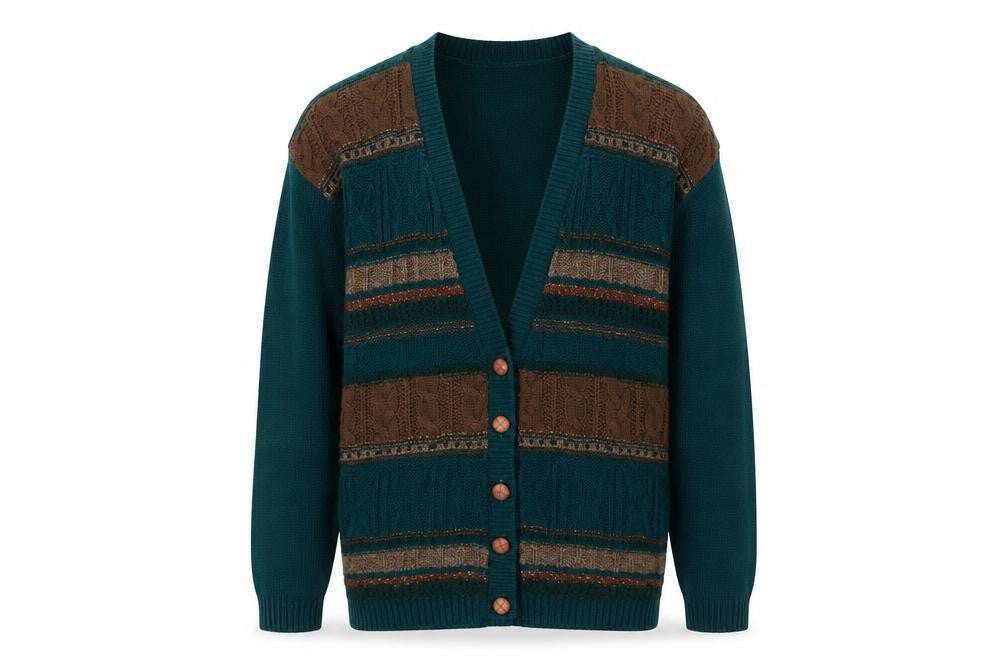 Norton McNaughton Men's Green Striped Cable Knit Cardigan M