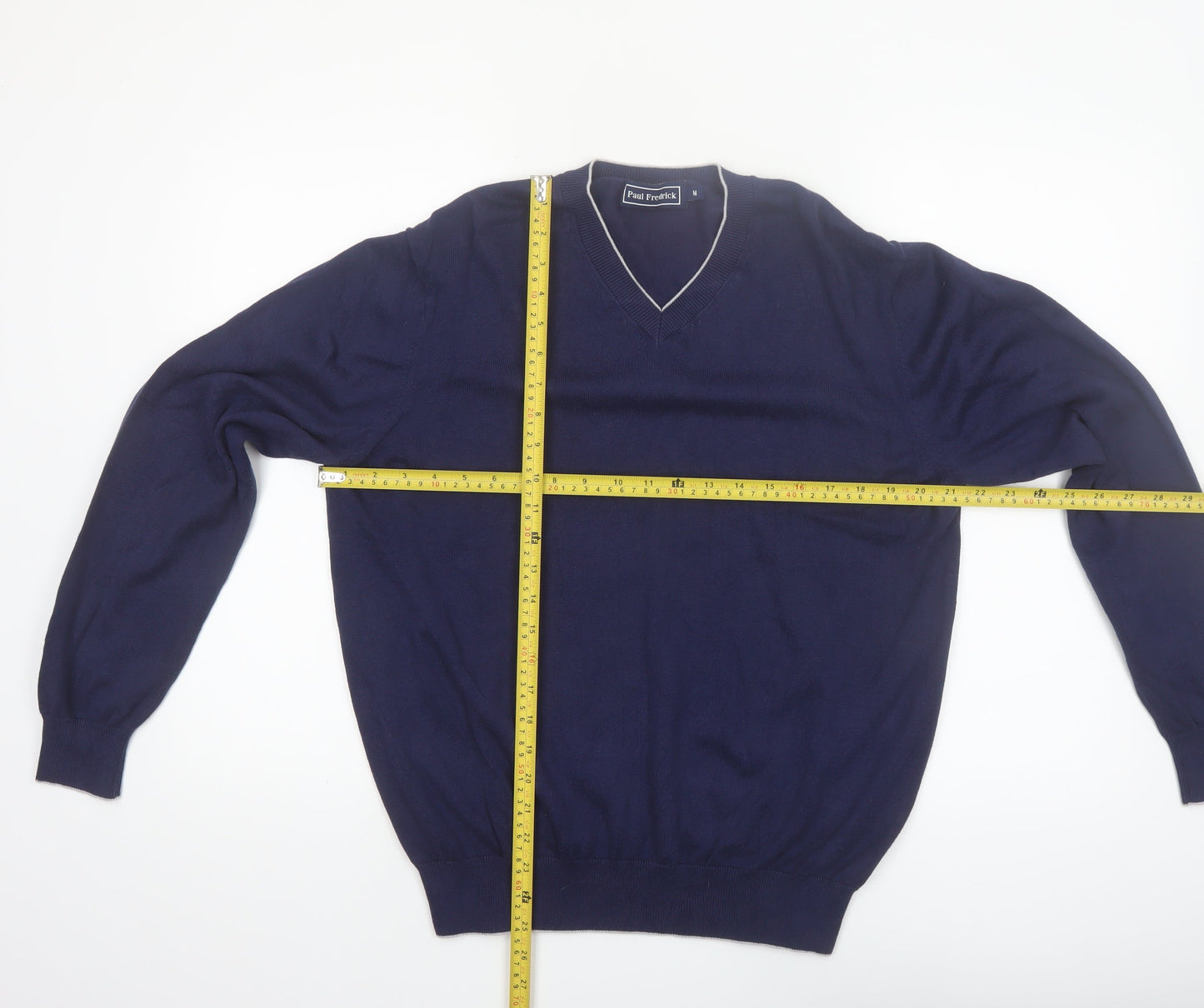 Paul Fredrick Men's Blue V-Neck Cotton Jumper Medium