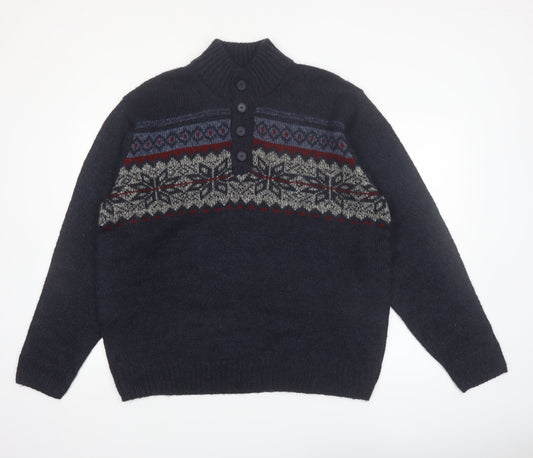 Tricots St. Raphael Men's Blue Fair Isle Henley Wool Jumper XL