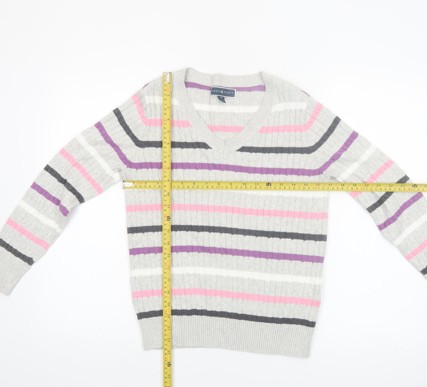 Karen Scott Women’s Multicoloured Striped V-Neck Cotton Jumper Size 12