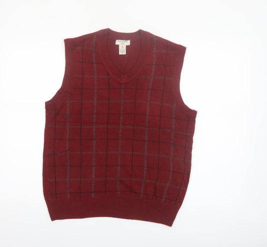 Dockers Men's Red Check V-Neck Sleeveless Knit Jumper Vest Size S