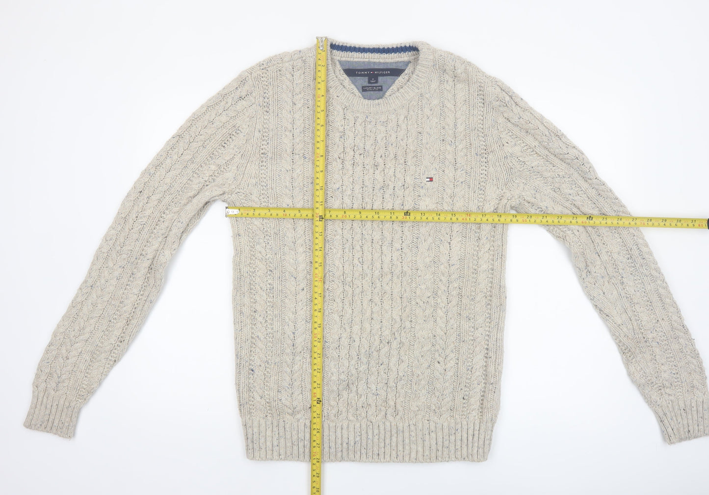 Tommy Hilfiger Men's Beige Cable-Knit Wool Cotton Jumper M Classic Fit