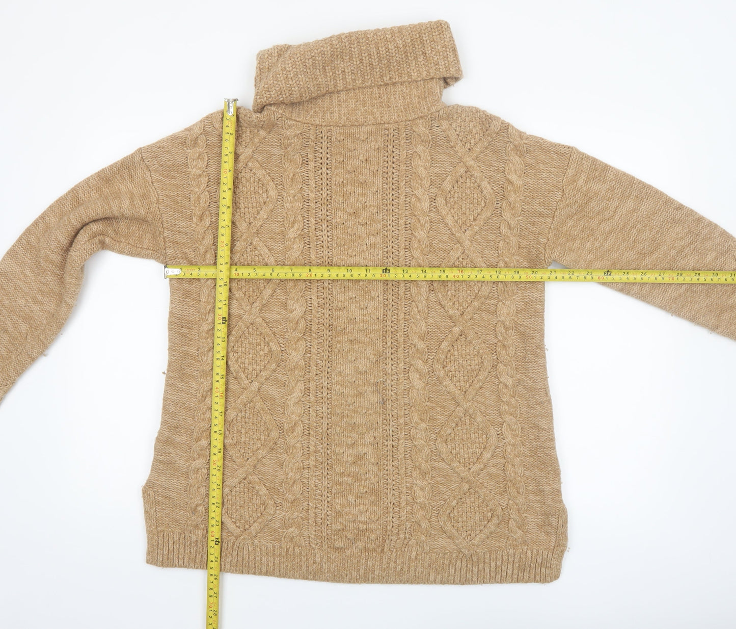 Lands' End Women's Beige Roll Neck Cable Knit Jumper Size M Petite