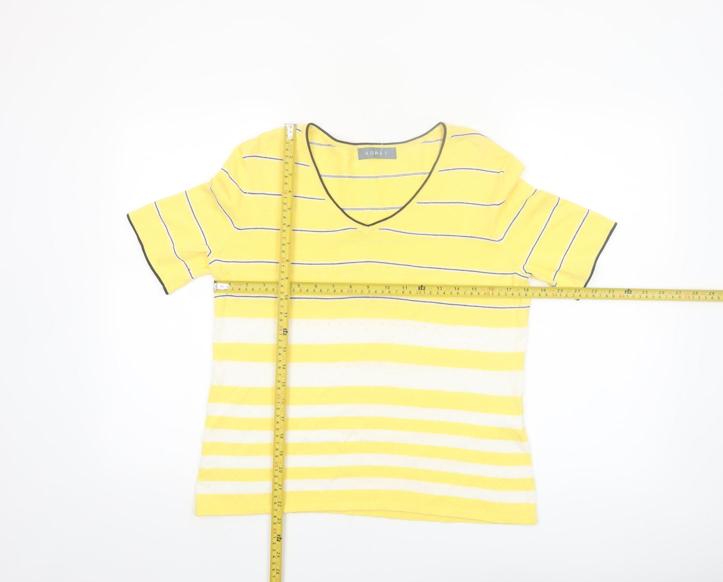 Koret Women Yellow Striped V-Neck Cotton Short Sleeve T-Shirt Size S