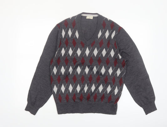 Prestige Style Men's Grey Argyle V-Neck Wool Blend Jumper M