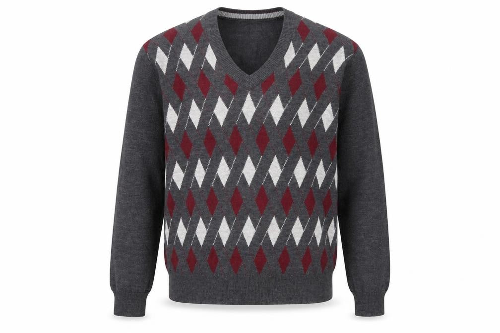 Prestige Style Men's Grey Argyle V-Neck Wool Blend Jumper M
