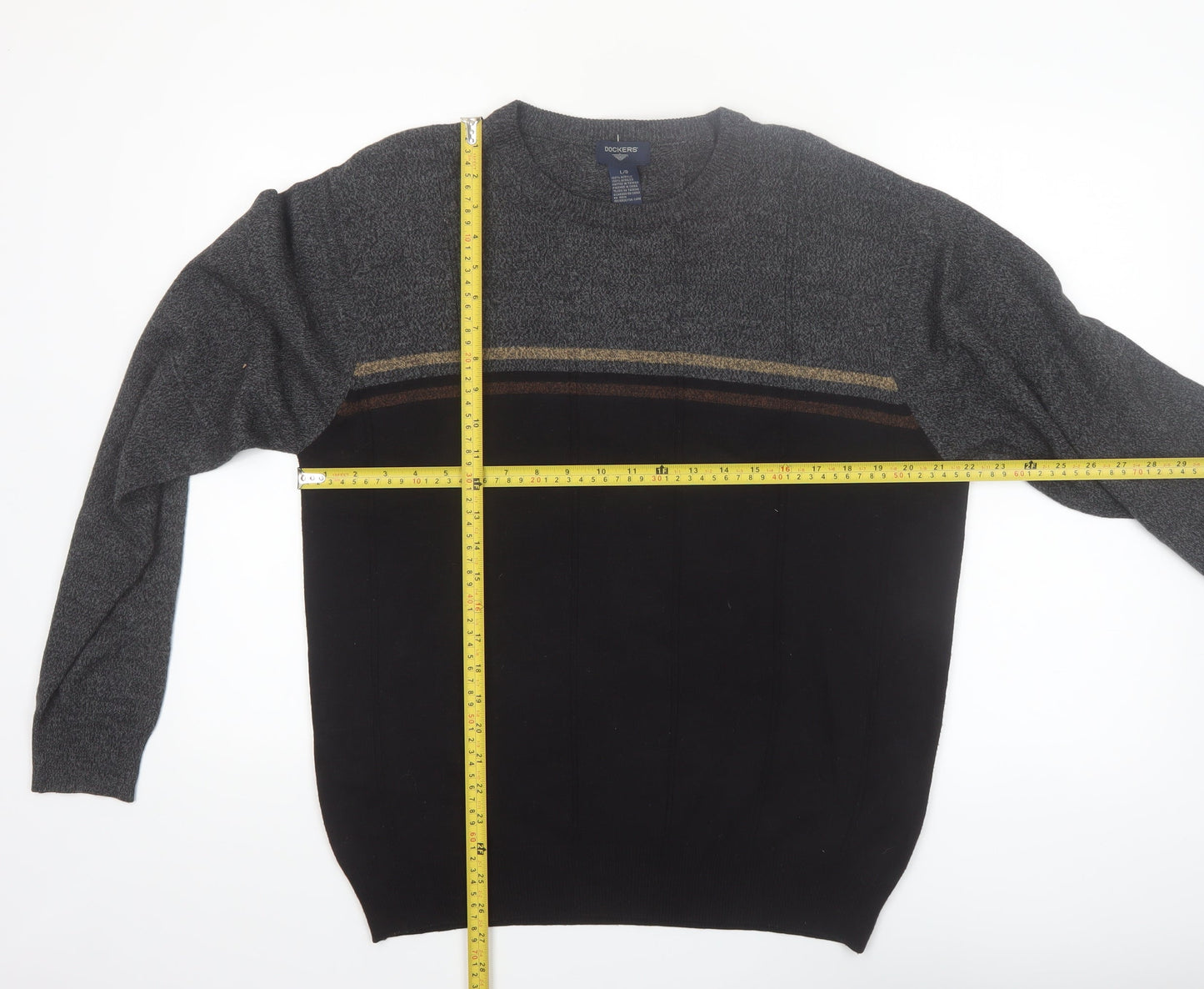 Dockers Men's Grey Acrylic Striped Crew Neck Pullover Jumper L