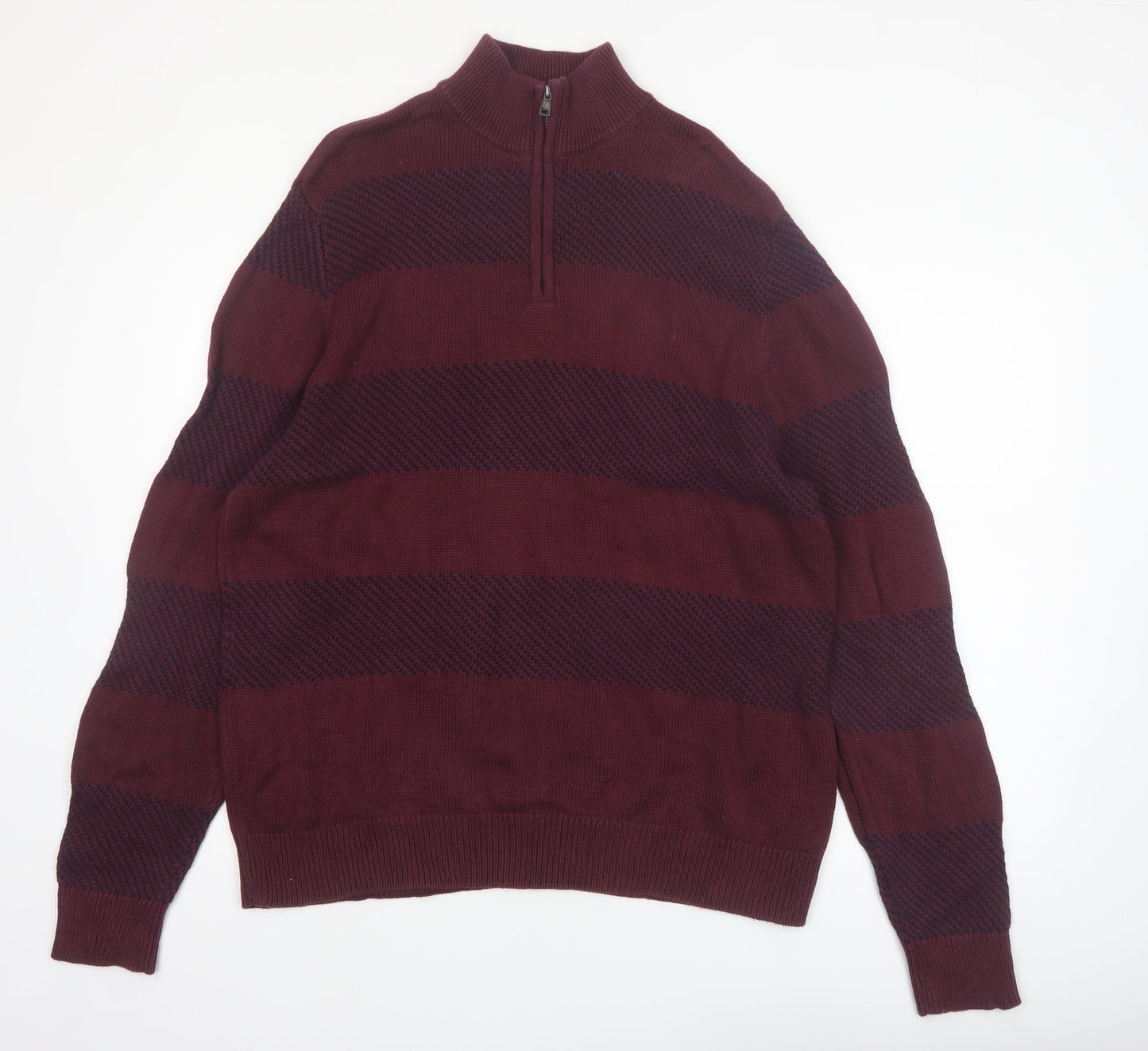Chaps Men's Red Striped Cotton Half Zip Jumper Size L