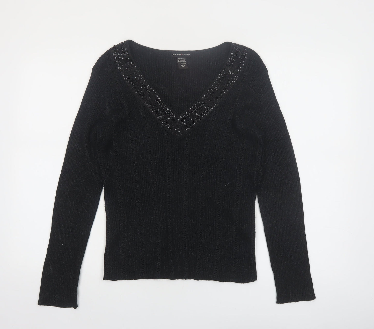 New York & Company Women’s Black Beaded V-Neck Knit Jumper Size L