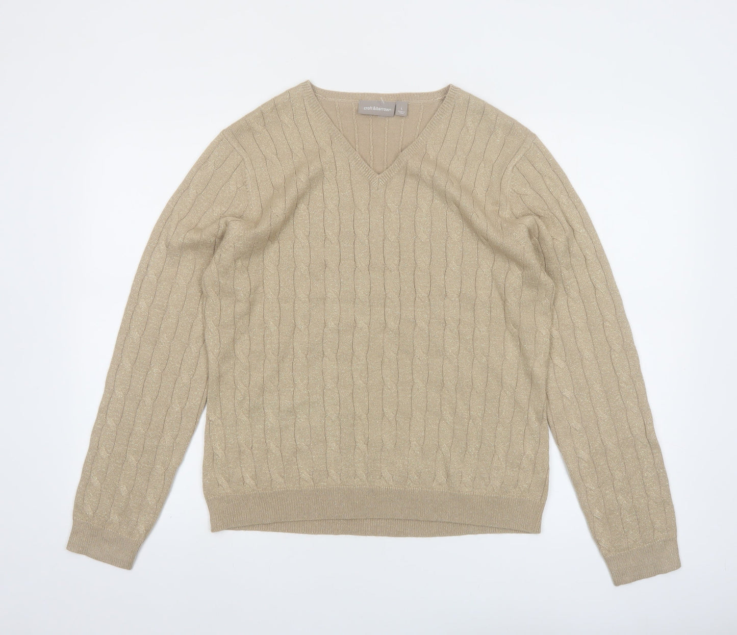 Croft & Barrow Women's Beige Cable Knit V-Neck Pullover Jumper L