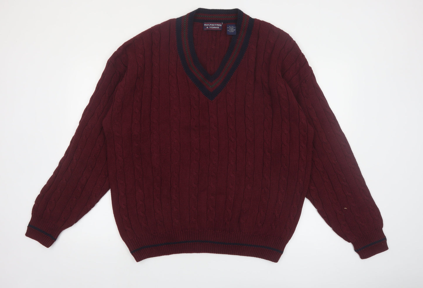 Roundtree & Yorke Men's Red Cable-Knit V-Neck Cotton Jumper XL