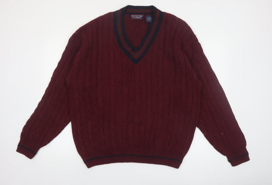 Roundtree & Yorke Men's Red Cable-Knit V-Neck Cotton Jumper XL