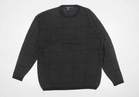 Nautica Mens Grey Check Cotton Crew Neck Jumper XL