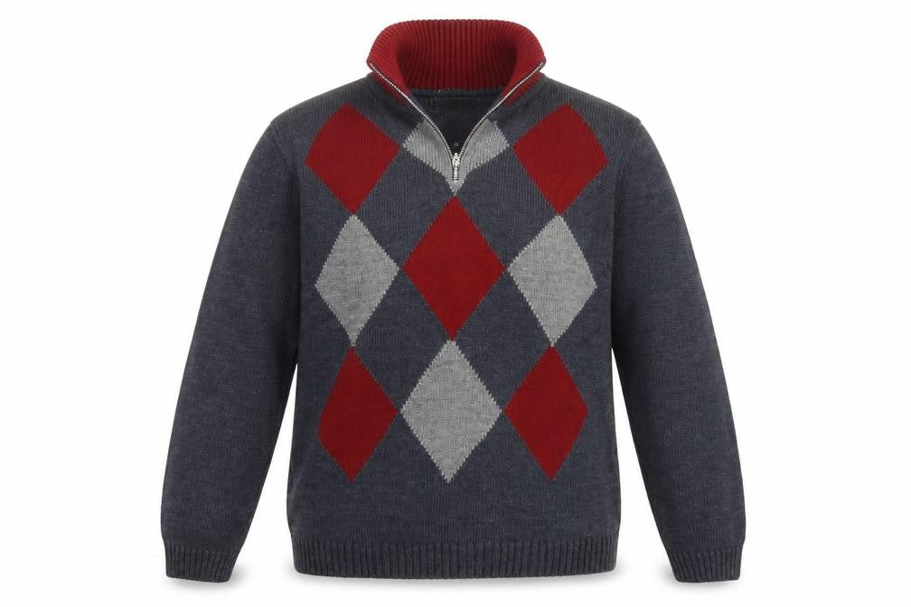 Jeep by Dandy Men's Grey Argyle 1/2 Zip Wool Blend Jumper XL