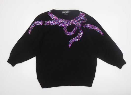 Work In Progress Womens Black Sequin Bow 80s Silk Blend Jumper M
