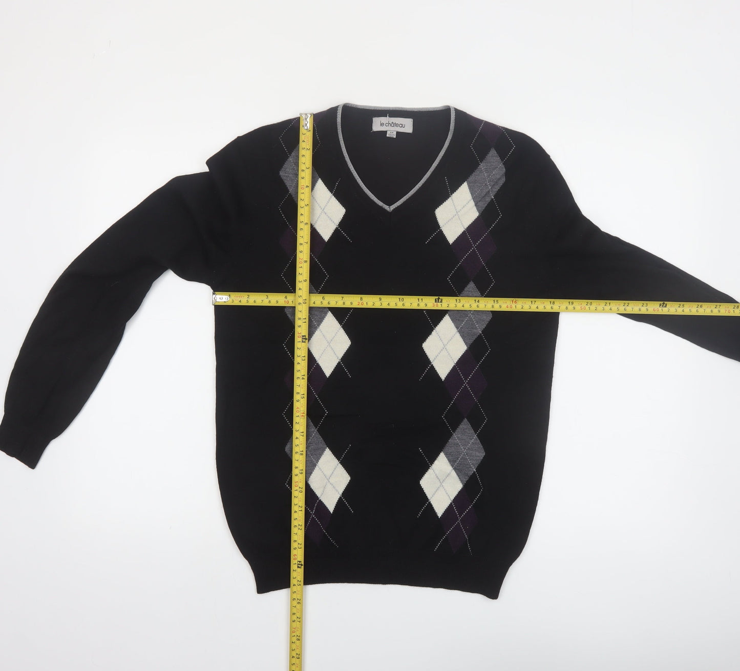 Le Chateau Men's Black Argyle Wool Blend V-Neck Jumper Size S