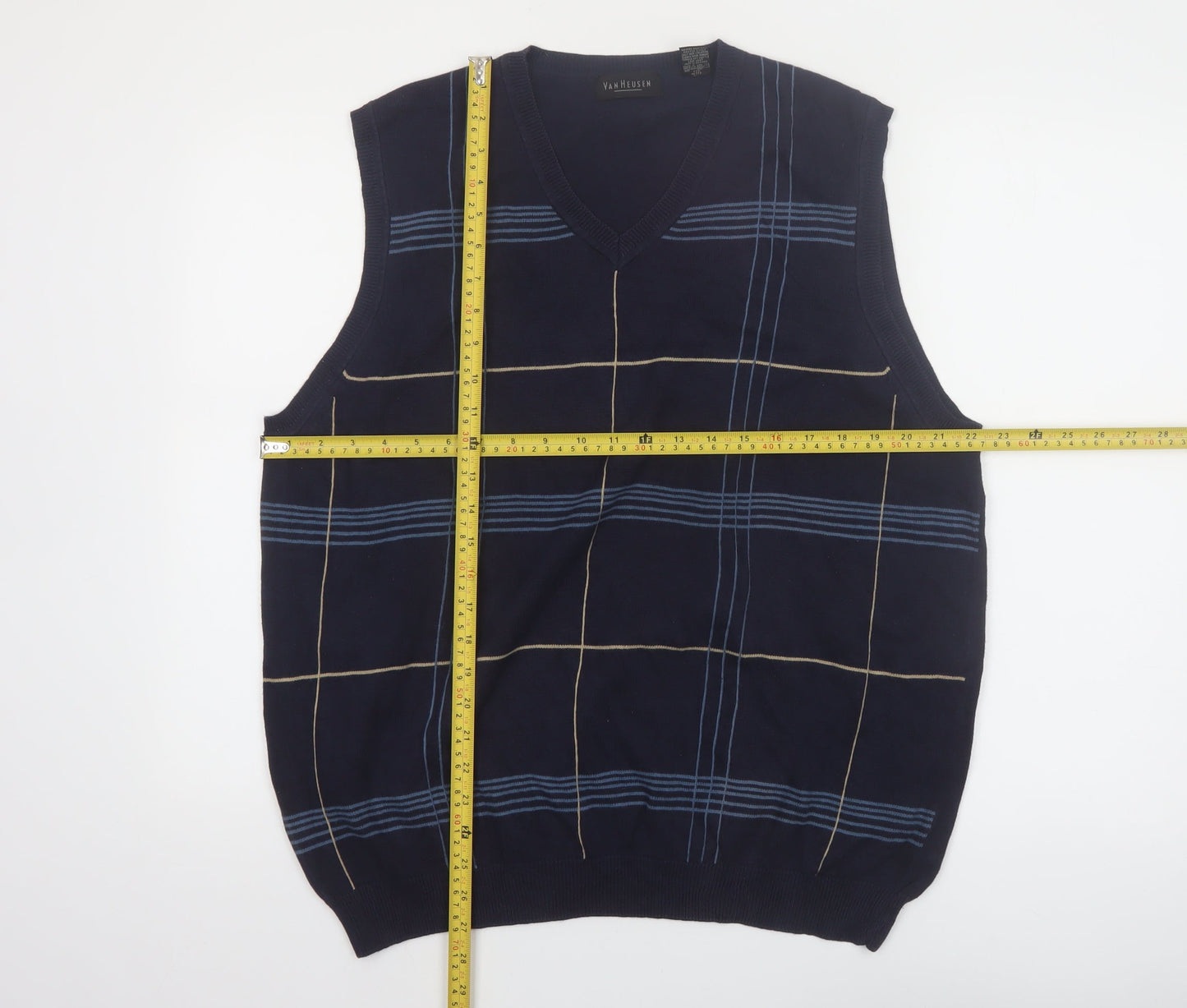 Van Heusen Men's Blue Check Cotton V-Neck Sleeveless Vest L