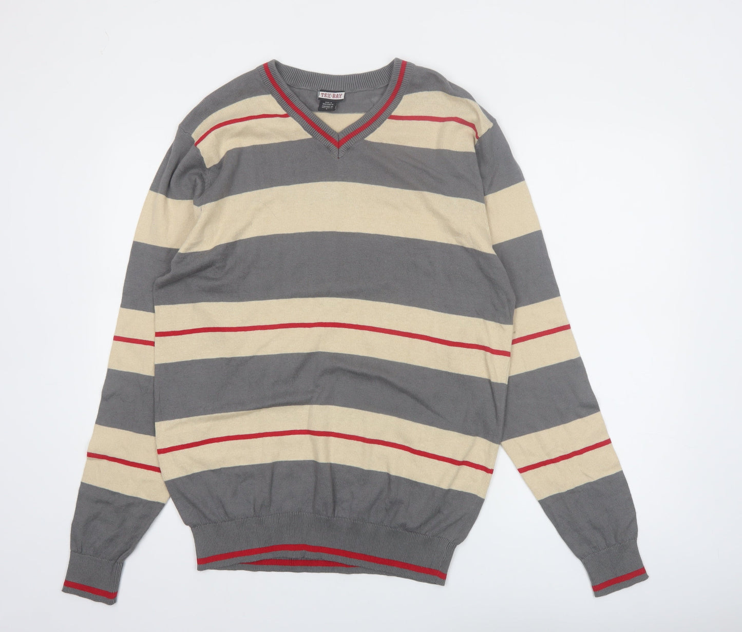 TEX-BAY Men’s Grey Beige Striped V-Neck Cotton Jumper Size L