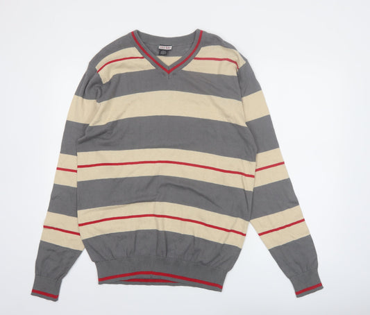 TEX-BAY Men’s Grey Beige Striped V-Neck Cotton Jumper Size L